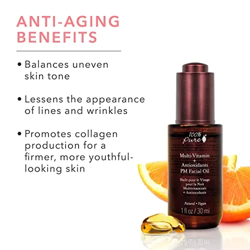 100% PURE Multi-Vitamin   Antioxidants PM Facial Oil, Anti-Aging Skin Care, Night Facial Oil, Anti-Wrinkle, Natural Face Moisturizer w/Retinol, Vitamin C, CoQ10-1 Fl Oz