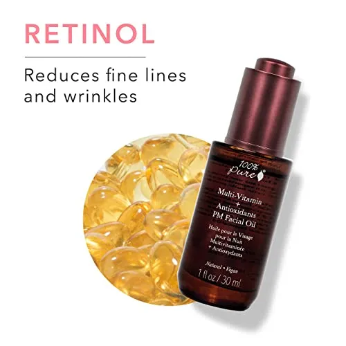 100% PURE Multi-Vitamin   Antioxidants PM Facial Oil, Anti-Aging Skin Care, Night Facial Oil, Anti-Wrinkle, Natural Face Moisturizer w/Retinol, Vitamin C, CoQ10-1 Fl Oz