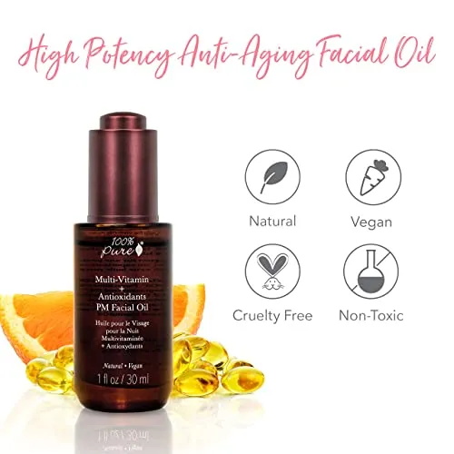 100% PURE Multi-Vitamin   Antioxidants PM Facial Oil, Anti-Aging Skin Care, Night Facial Oil, Anti-Wrinkle, Natural Face Moisturizer w/Retinol, Vitamin C, CoQ10-1 Fl Oz