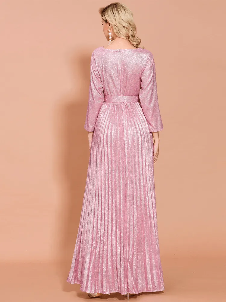 Glitter Pink Seven-Quarter Sleeve Pleated Dress