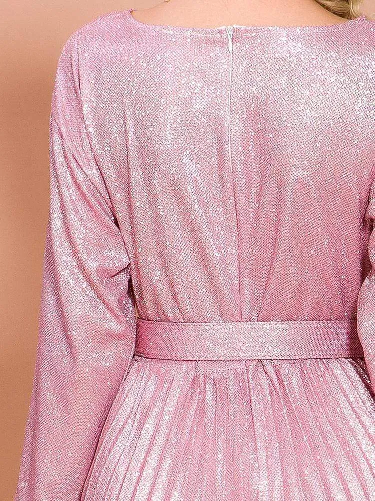 Glitter Pink Seven-Quarter Sleeve Pleated Dress