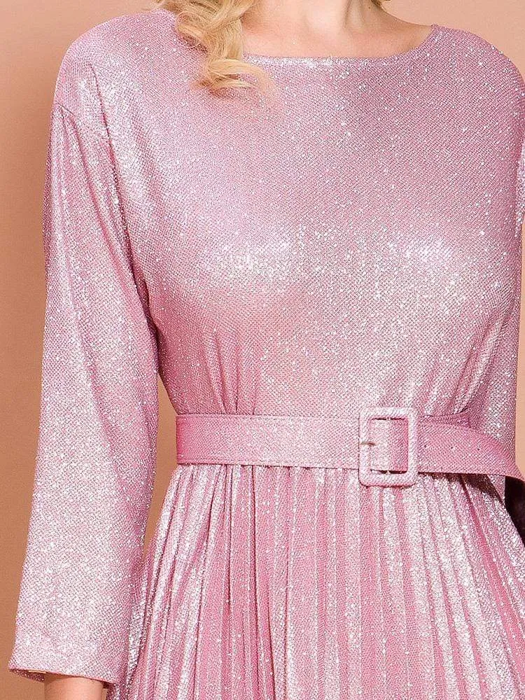 Glitter Pink Seven-Quarter Sleeve Pleated Dress