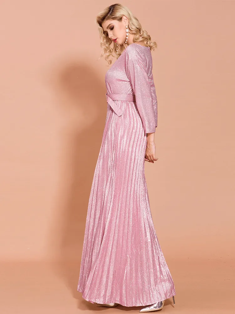 Glitter Pink Seven-Quarter Sleeve Pleated Dress