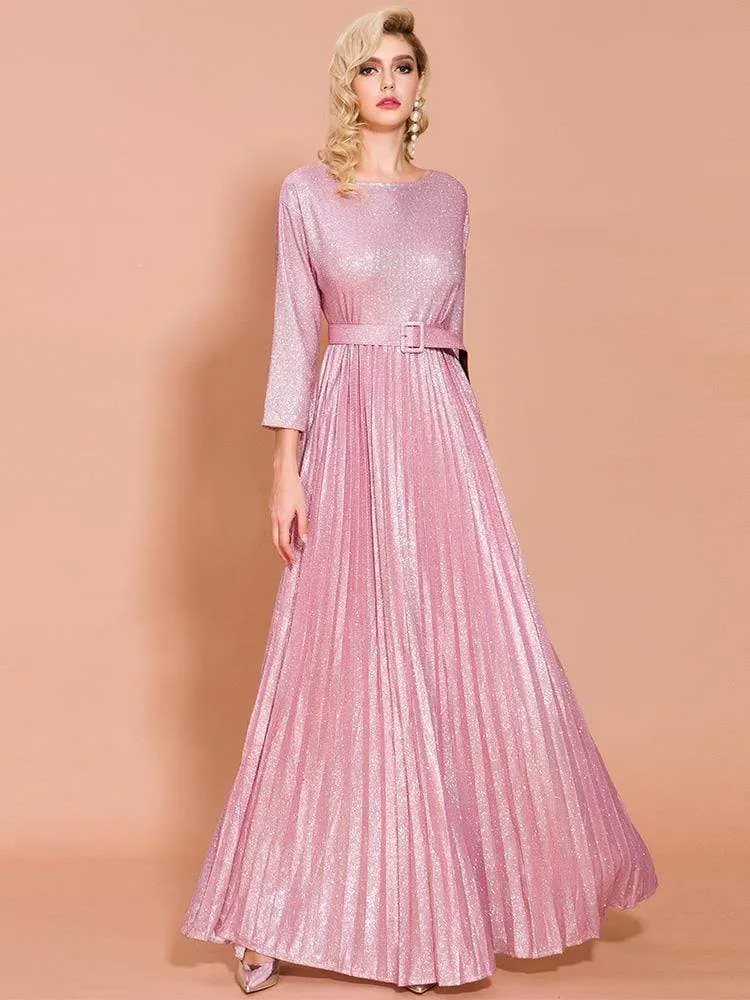 Glitter Pink Seven-Quarter Sleeve Pleated Dress