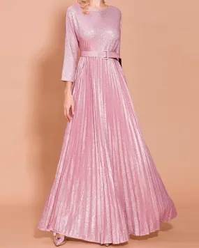Glitter Pink Seven-Quarter Sleeve Pleated Dress