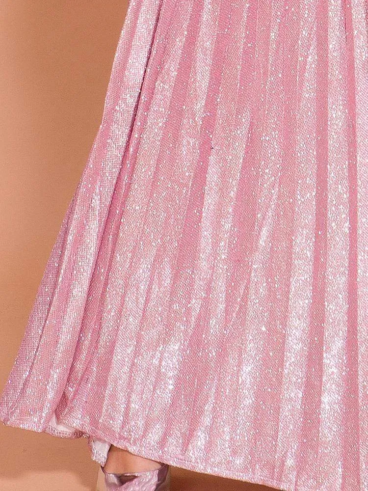 Glitter Pink Seven-Quarter Sleeve Pleated Dress