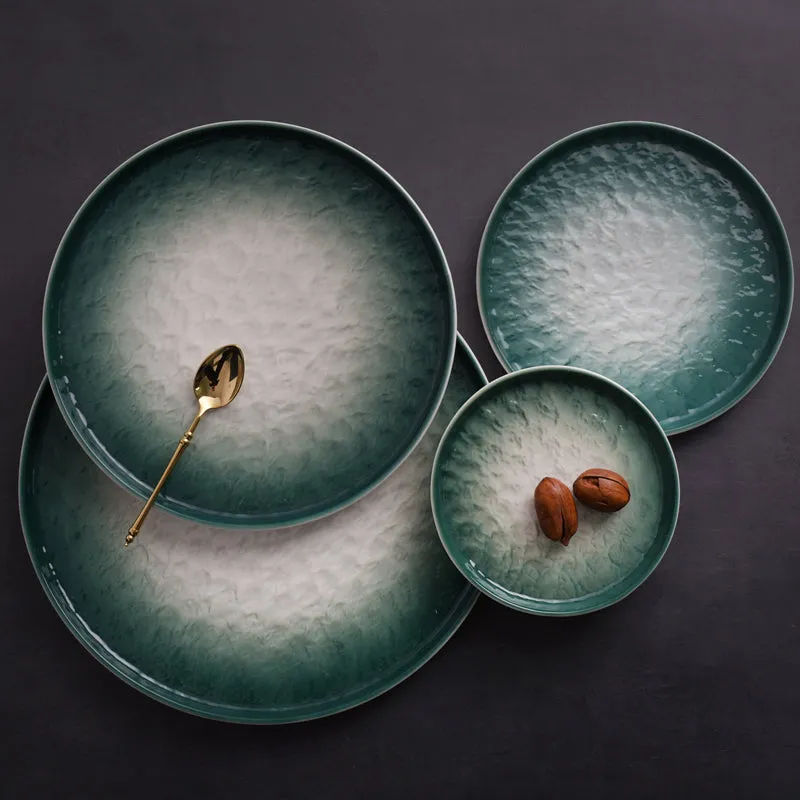 Gradient Emerald Steak Plate Stone Pattern Pasta Plate Western Plate Round Plate Restaurant Home